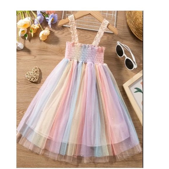 Other - Rainbow Pastel Striped Girls Sleeveless Smocked Glitter Tulle Dress